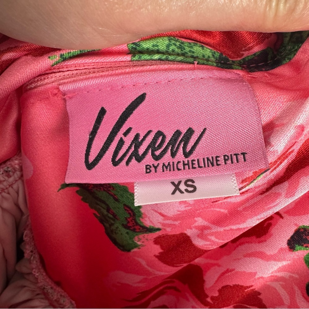Vixen by Micheline Pitt Pink Floral Fit-and-Flare Dress with Red Straps - Picture 4 of 10